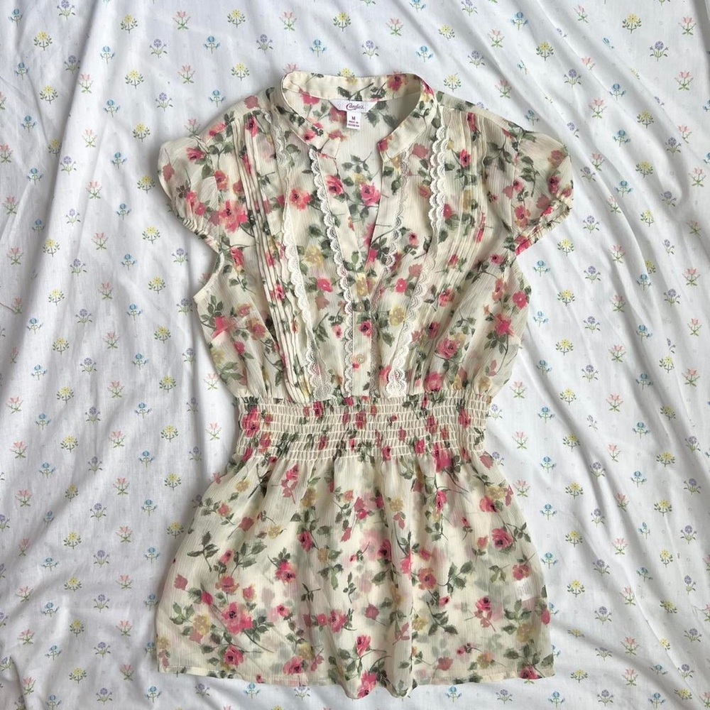 Candies Floral Sheer Blouse with Pink and Green Accents